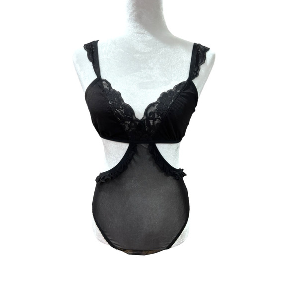 We Are HAH Lingerie Bodysuit Key To UR Heart Sheer Ruffle Black‎ Noir Revolve XS - Picture 1 of 10